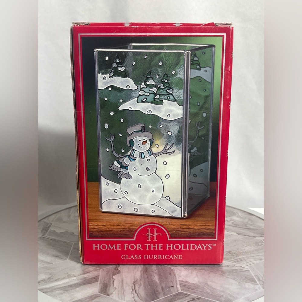 1999 Home for the Holidays Glass Hurricane Snowman Candle Holder 8” Tall